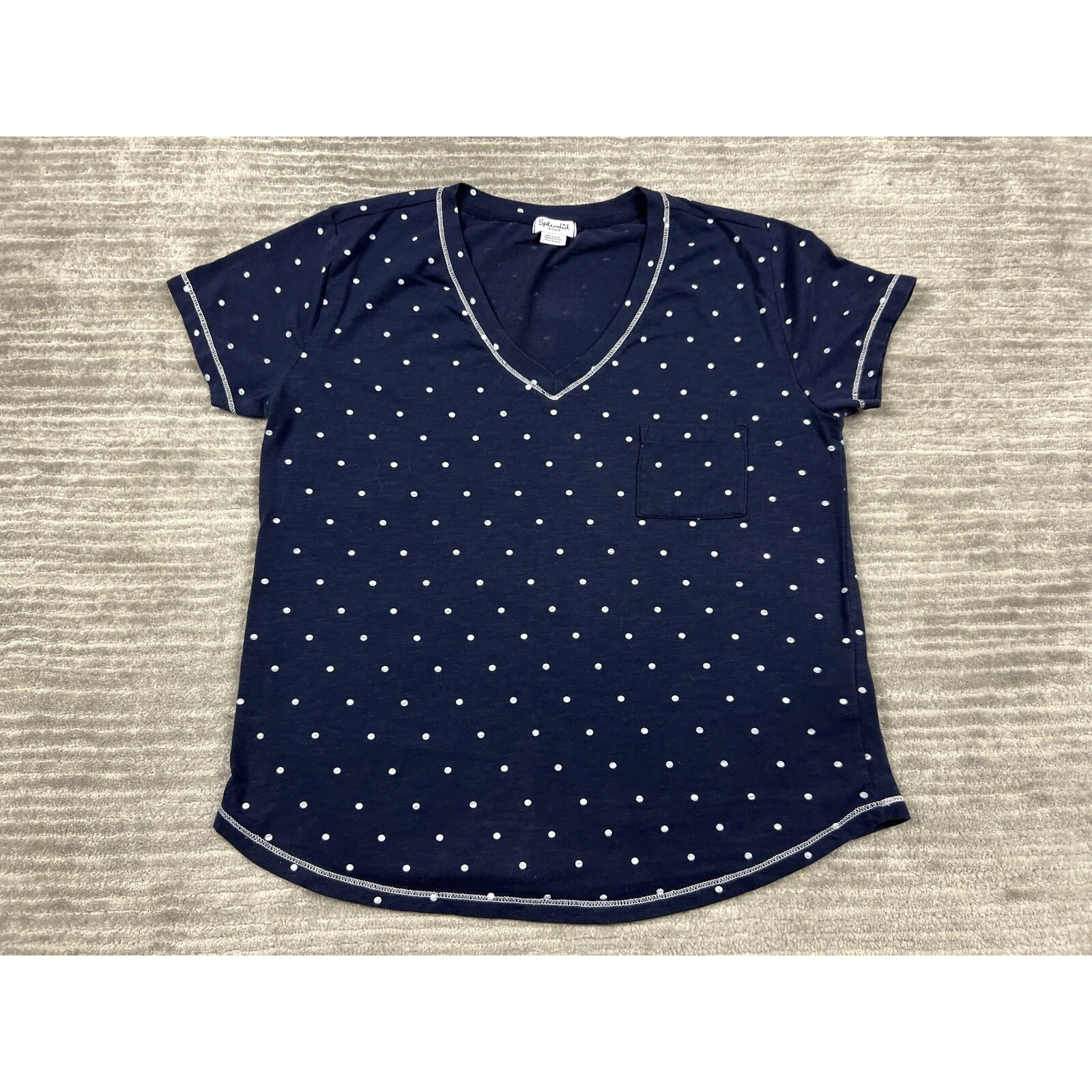 Splendid Top Womens Small Blue White Polka Dot Short Sleeve Pocket Cotton Blend